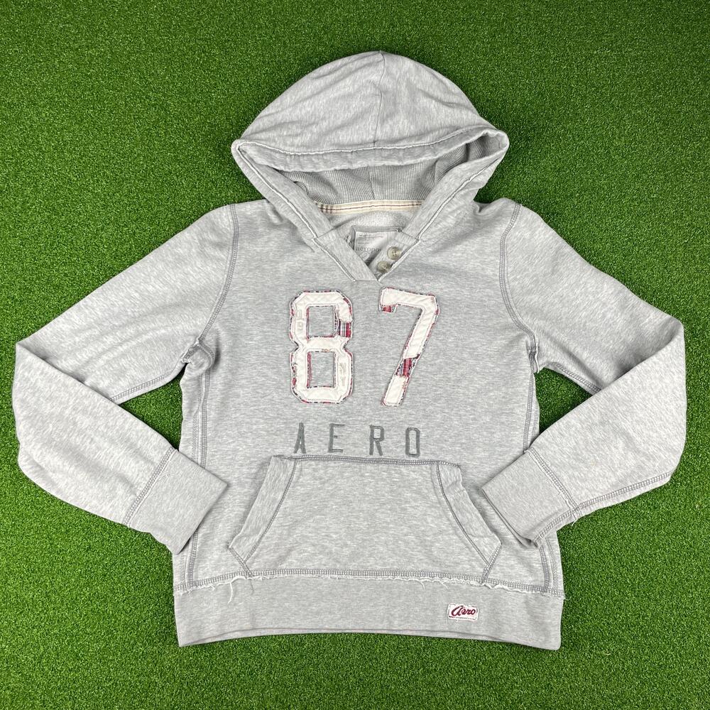 Vintage Y2K Aeropostale Patch Work 87 Graphic Gray Hoodie Sz XL